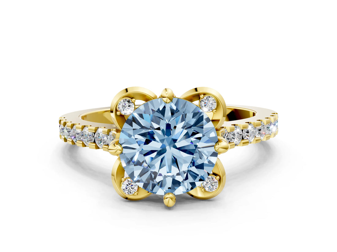 Yellow gold Fancy Blue Round  Diamond Pave Band with Floral Prong Setting_27