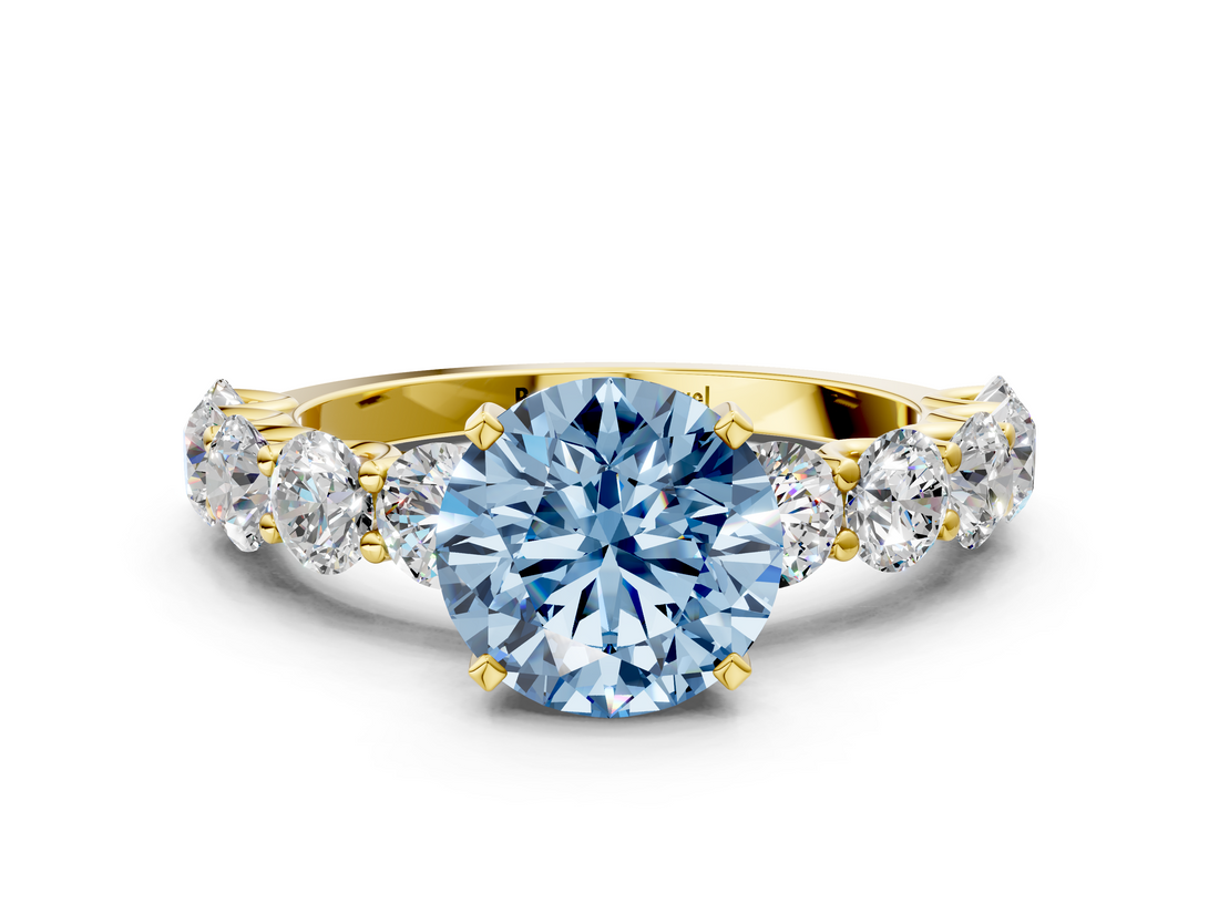 Yellow gold Fancy Blue Round  Diamond Prong Setting with Side Stones on a Pave Band_100