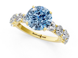 Yellow gold Fancy Blue Round  Diamond Prong Setting with Side Stones on a Pave Band_101