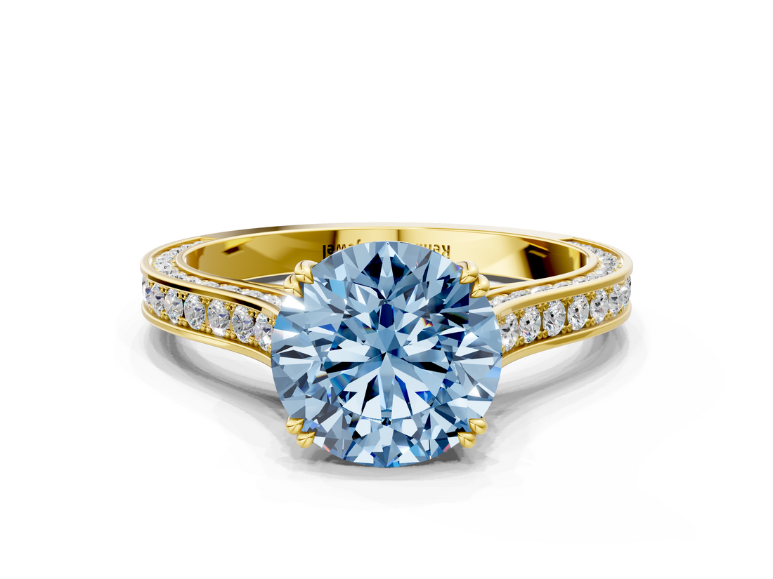 Yellow gold Fancy Blue Round  Diamond Solitaire with Pave Band and Six-Prong Setting_20