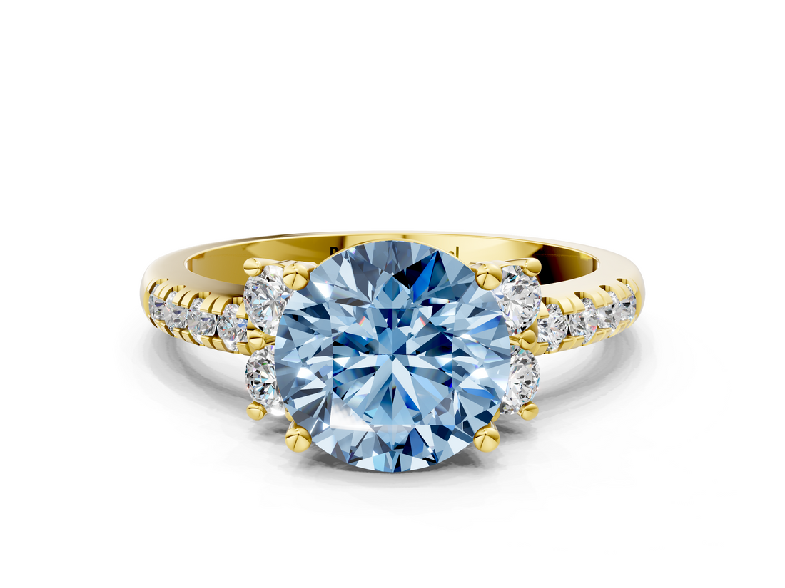 Yellow gold Fancy Blue Round  Diamond Three-Stone Pave Band with Four-Prong Setting_20