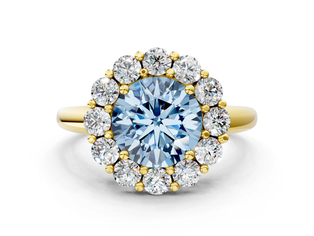 Yellow gold Fancy Blue Round  Halo Cluster Diamond Engagement Ring with Prong Setting and Polished Band_19