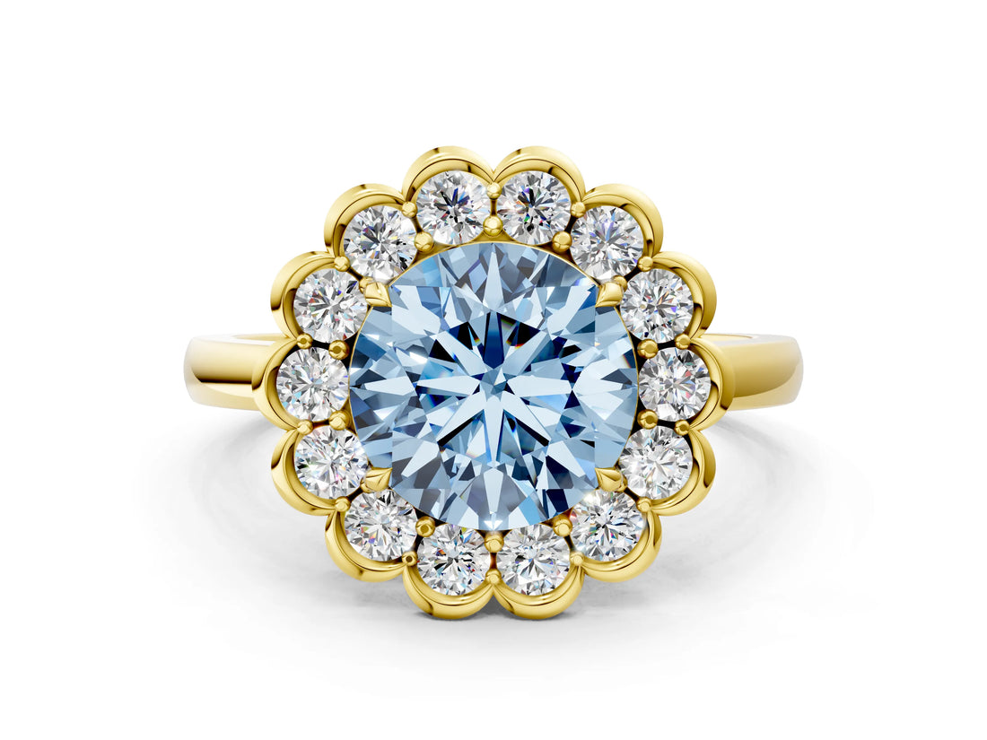 Yellow gold Fancy Blue Round  Halo Cluster Diamond Engagement Ring with Solitaire Band and Prong Setting_49