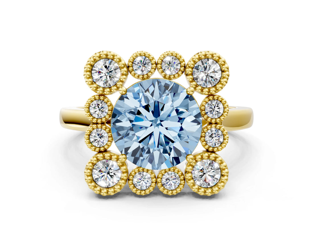Yellow gold Fancy Blue Round  Halo Diamond Cluster Engagement Ring with Milgrain Bezel Setting and Solitaire Band_45