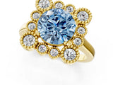 Yellow gold Fancy Blue Round  Halo Diamond Cluster Engagement Ring with Milgrain Bezel Setting and Solitaire Band_46