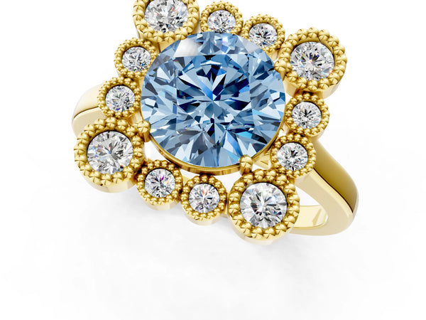Yellow Gold Round Bezel Cluster Halo Engagement Ring Setting for Fancy Blue Center