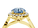 Yellow gold Fancy Blue Round  Halo Diamond Engagement Ring with Filigree Band and Four-Prong Setting_119