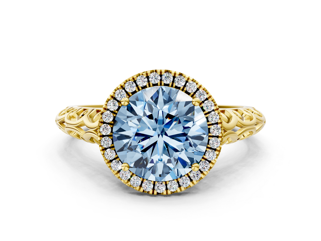 Yellow gold Fancy Blue Round  Halo Diamond Engagement Ring with Intricate Filigree Band and Four-Prong Setting_37