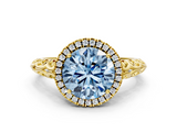 Yellow gold Fancy Blue Round  Halo Diamond Engagement Ring with Intricate Filigree Band and Four-Prong Setting_37