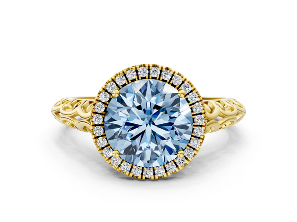 Yellow gold Fancy Blue Round  Halo Diamond Engagement Ring with Intricate Filigree Band and Four-Prong Setting