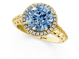 Yellow gold Fancy Blue Round  Halo Diamond Engagement Ring with Intricate Filigree Band and Four-Prong Setting_38