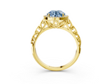 Yellow gold Fancy Blue Round  Halo Diamond Engagement Ring with Intricate Filigree Band and Four-Prong Setting_40