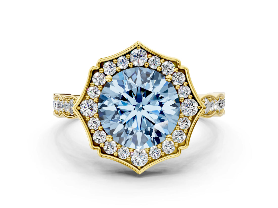 Yellow gold Fancy Blue Round  Halo Diamond Engagement Ring with Milgrain Band and Four-Prong Setting_37