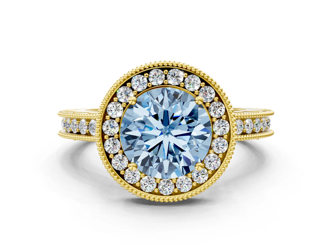 Yellow gold Fancy Blue Round  Halo Diamond Engagement Ring with Milgrain Pave Band and Four-Prong Setting_111