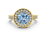 Yellow gold Fancy Blue Round  Halo Diamond Engagement Ring with Milgrain Pave Band and Four-Prong Setting_111