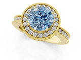 Yellow gold Fancy Blue Round  Halo Diamond Engagement Ring with Milgrain Pave Band and Four-Prong Setting_112