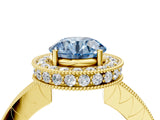 Yellow gold Fancy Blue Round  Halo Diamond Engagement Ring with Milgrain Pave Band and Four-Prong Setting_115