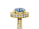 Yellow gold Fancy Blue Round  Halo Diamond Engagement Ring with Milgrain Pave Band and Four-Prong Setting_116