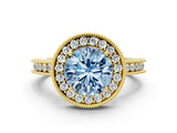 Yellow gold Fancy Blue Round  Halo Diamond Engagement Ring with Milgrain Pave Band and Four-Prong Setting_12