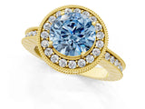 Yellow gold Fancy Blue Round  Halo Diamond Engagement Ring with Milgrain Pave Band and Four-Prong Setting_13