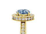 Yellow gold Fancy Blue Round  Halo Diamond Engagement Ring with Milgrain Pave Band and Four-Prong Setting_17