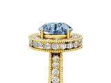 Yellow gold Fancy Blue Round  Halo Diamond Engagement Ring with Milgrain Pave Band and Four-Prong Setting_92