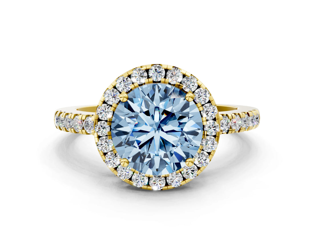 Yellow gold Fancy Blue Round  Halo Diamond Engagement Ring with Pavé Band and Four-Prong Setting_69