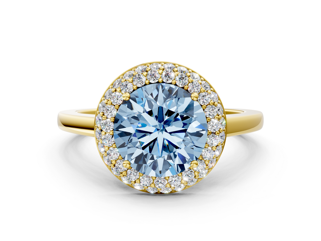 Yellow gold Fancy Blue Round  Halo Diamond Engagement Ring with Solitaire Band and Four-Prong Setting_20