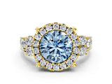 Yellow gold Fancy Blue Round  Halo Diamond Engagement Ring with Split Shank and Four-Prong Setting