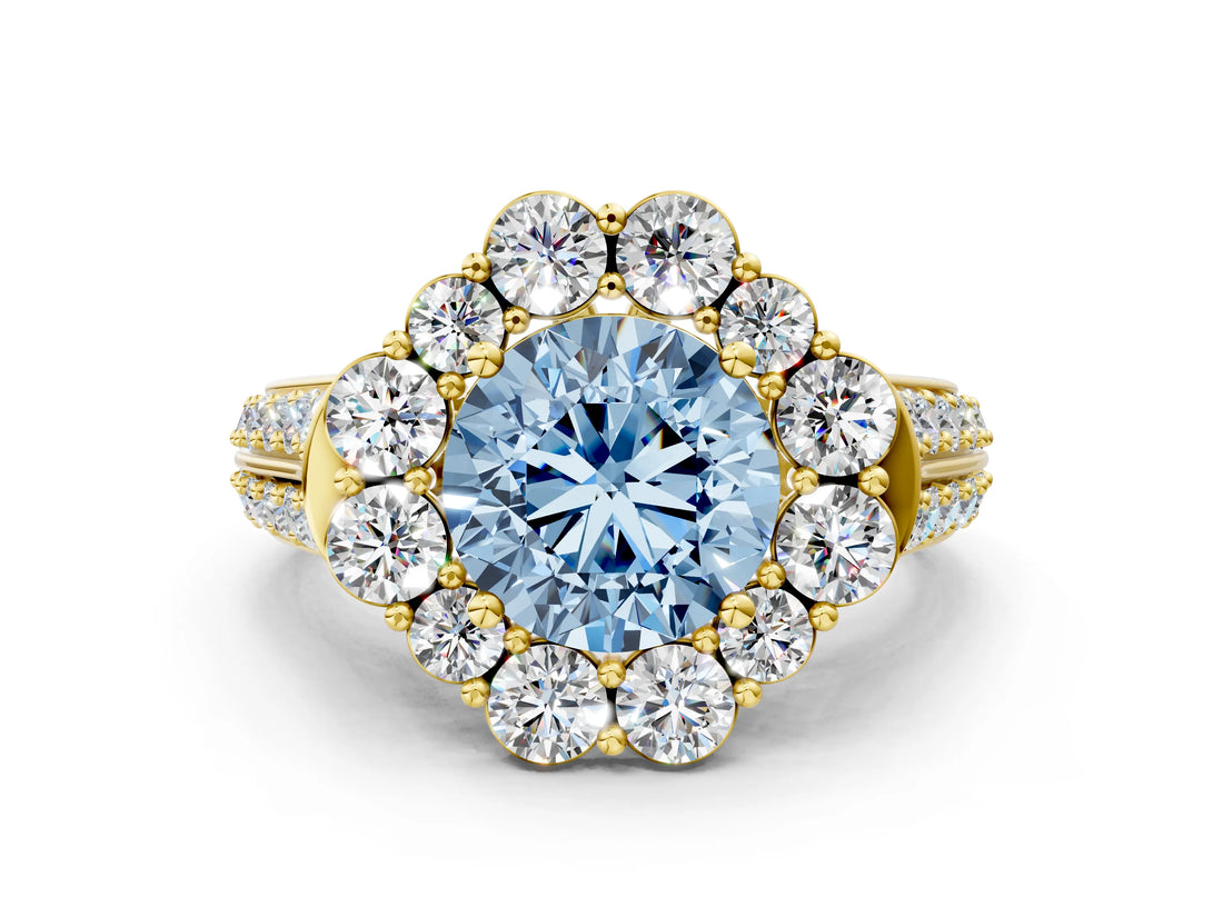Yellow gold Fancy Blue Round  Halo Diamond Engagement Ring with Split Shank and Prong Setting_67
