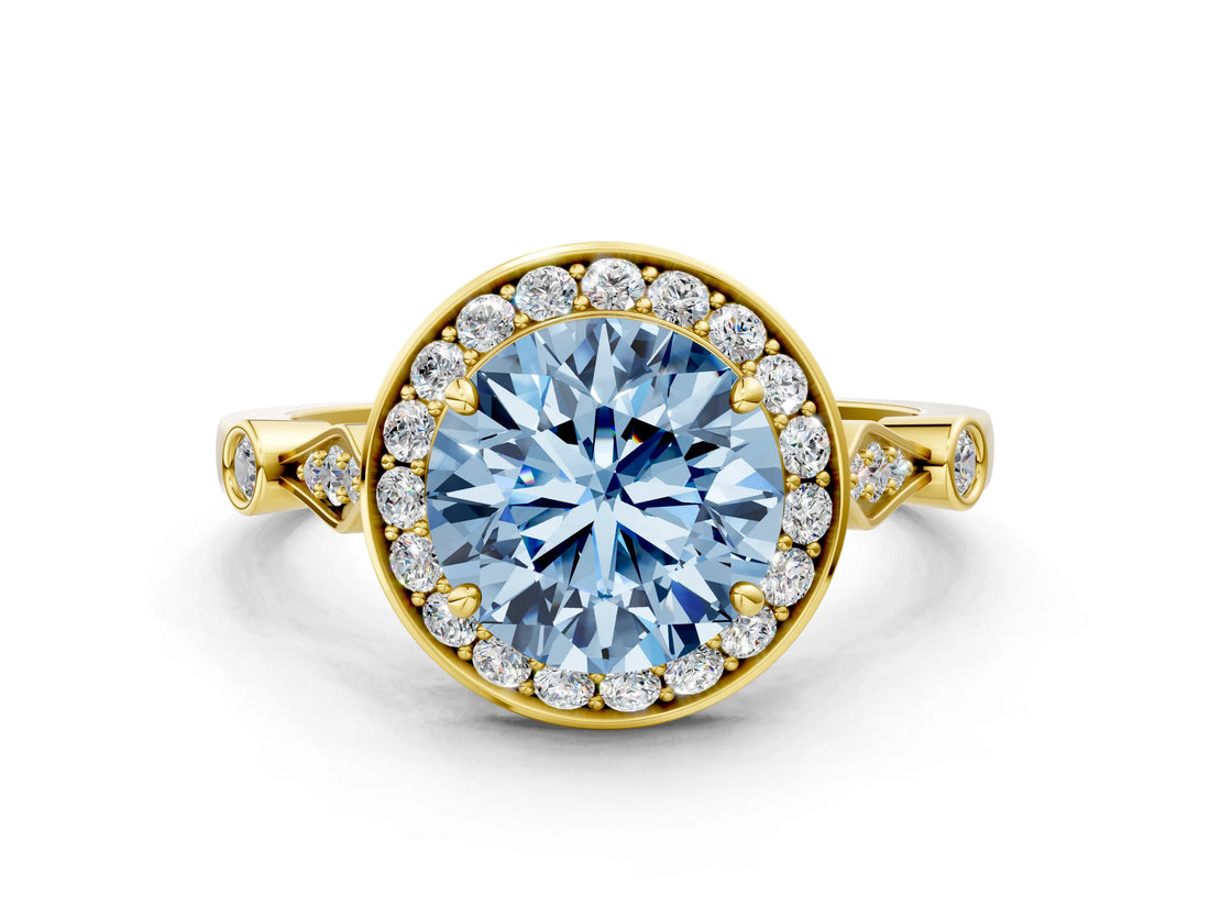 Yellow gold Fancy Blue Round  Halo Diamond Engagement Ring with Twisted Band and Four-Prong Setting 1