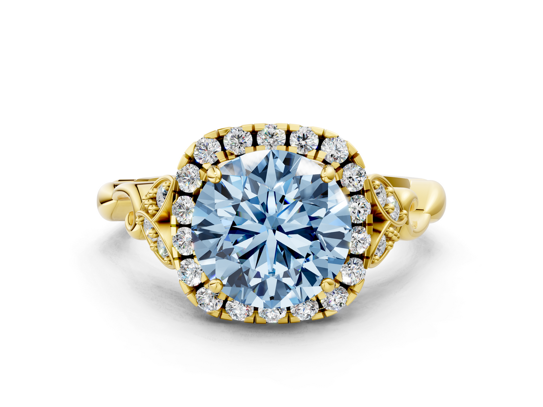 Yellow gold Fancy Blue Round  Halo Diamond Engagement Ring with Vintage-Inspired Band and Four-Prong Setting_3