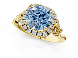 Yellow gold Fancy Blue Round  Halo Diamond Engagement Ring with Vintage-Inspired Band and Four-Prong Setting_4