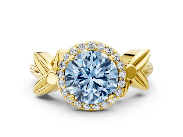 Yellow gold Fancy Blue Round  Halo Diamond Floral Band with Four-Prong Setting