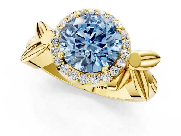 Yellow gold Fancy Blue Round  Halo Diamond Floral Band with Four-Prong Setting