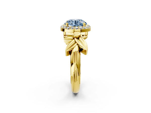 Yellow gold Fancy Blue Round  Halo Diamond Floral Band with Four-Prong Setting