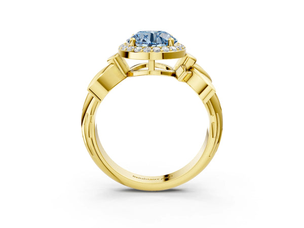 Yellow gold Fancy Blue Round  Halo Diamond Floral Band with Four-Prong Setting