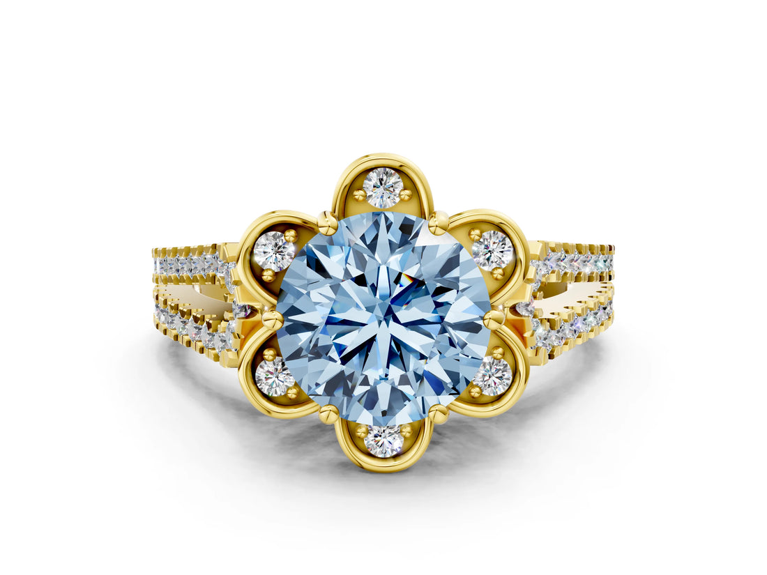 Yellow gold Fancy Blue Round  Halo Diamond Floral Split Shank Engagement Ring 2
