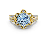 Yellow gold Fancy Blue Round  Halo Diamond Floral Split Shank Engagement Ring 2