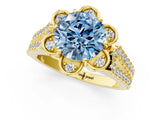 Yellow gold Fancy Blue Round  Halo Diamond Floral Split Shank Engagement Ring 3