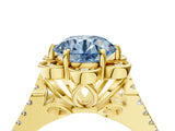 Yellow gold Fancy Blue Round  Halo Diamond Floral Split Shank Engagement Ring