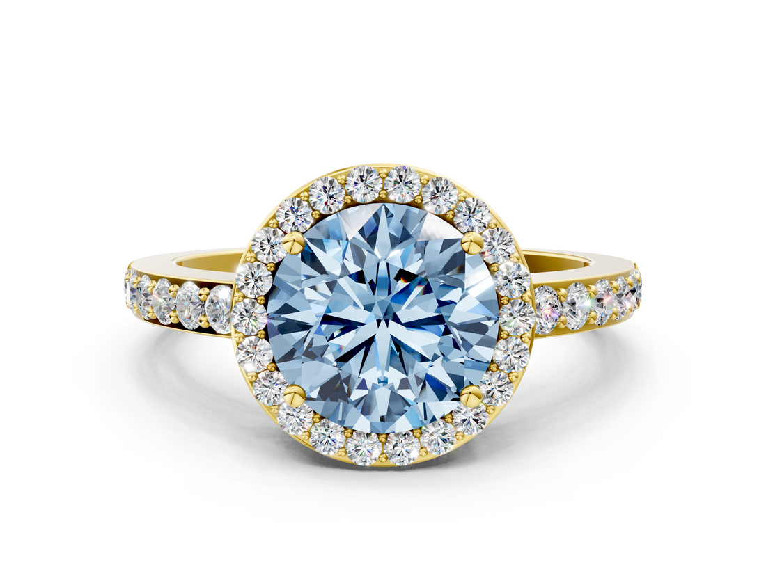 Yellow gold Fancy Blue Round  Halo Diamond Pavé Band Ring with Prong Setting_20