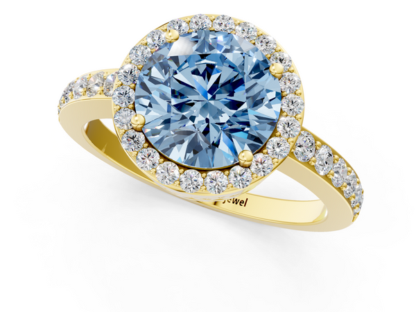 Yellow gold Fancy Blue Round  Halo Diamond Pavé Band Ring with Prong Setting