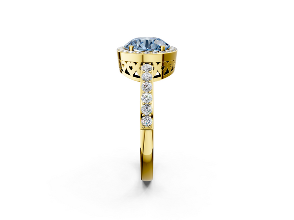 Yellow gold Fancy Blue Round  Halo Diamond Pavé Band Ring with Prong Setting