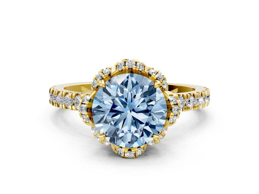 Yellow gold Fancy Blue Round  Halo Diamond Pave Band Ring with Four-Prong Setting_15