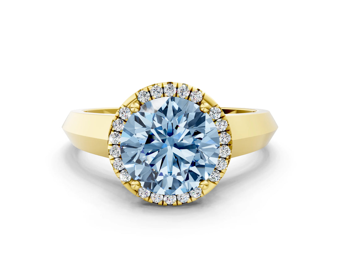 Yellow gold Fancy Blue Round  Halo Diamond Ring with Cathedral Band and Four-Prong Setting_49