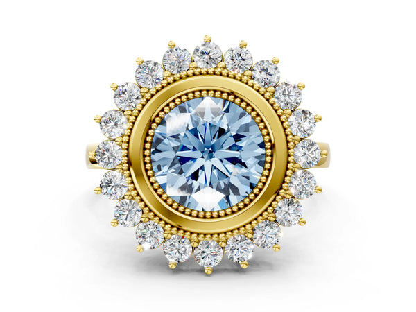 Yellow gold Fancy Blue Round  Halo Diamond Ring with Milgrain Edge and Round Prong Setting