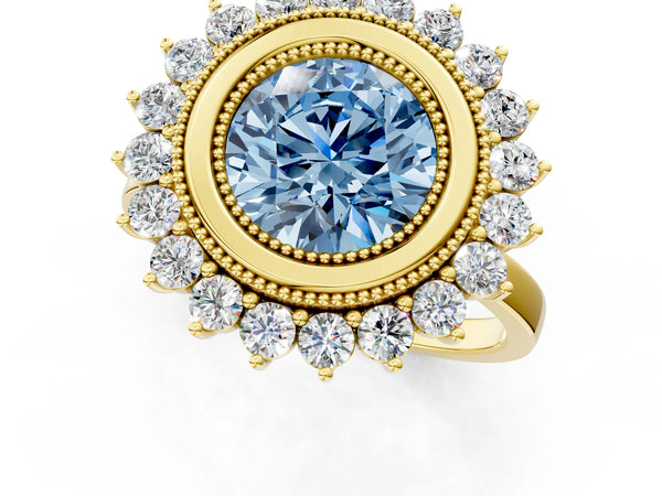 Yellow gold Fancy Blue Round  Halo Diamond Ring with Milgrain Edge and Round Prong Setting
