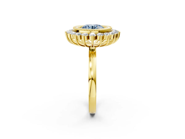 Yellow gold Fancy Blue Round  Halo Diamond Ring with Milgrain Edge and Round Prong Setting