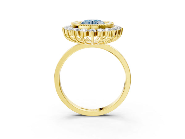 Yellow gold Fancy Blue Round  Halo Diamond Ring with Milgrain Edge and Round Prong Setting